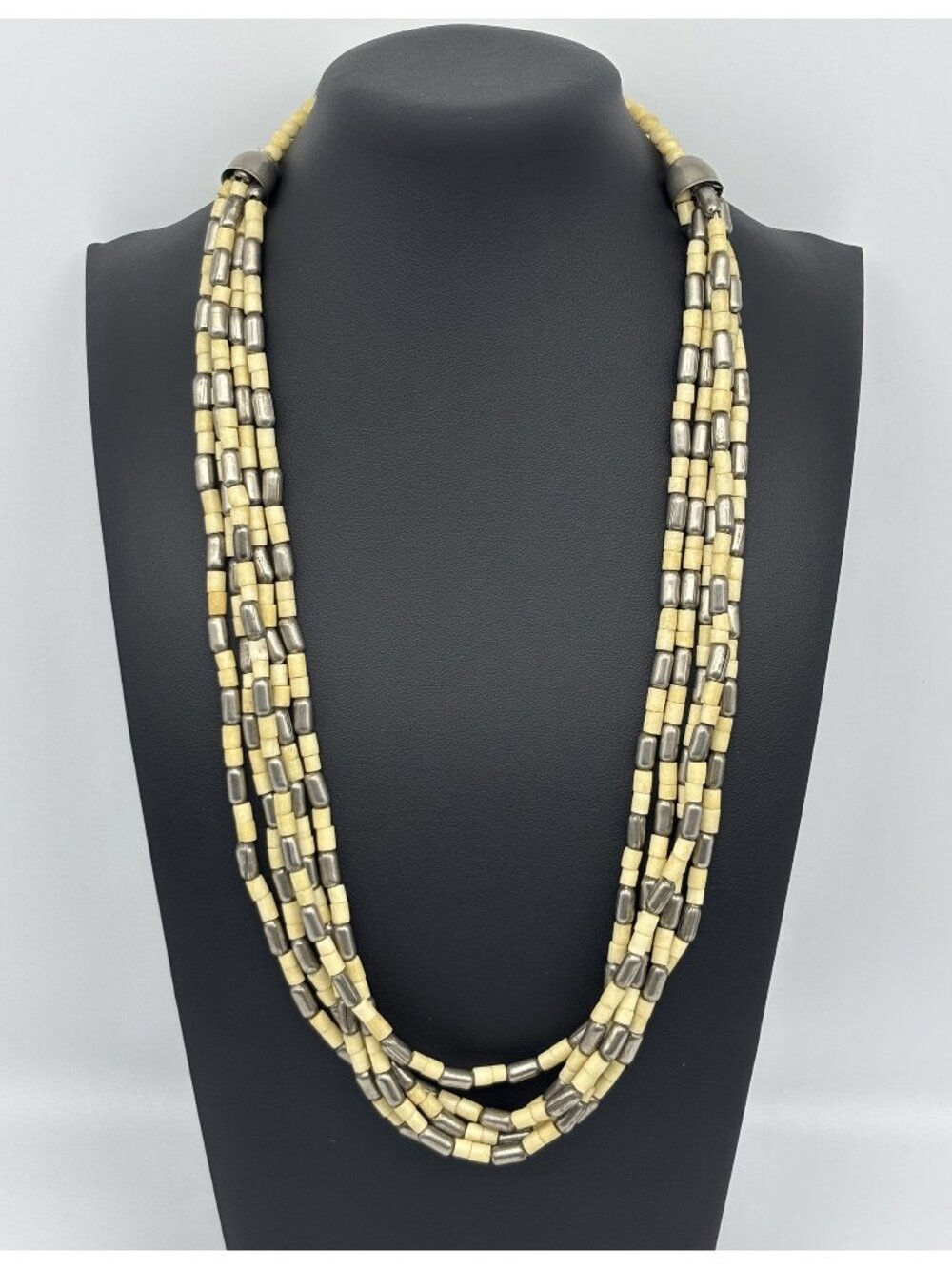 Vintage Five-Strand Beaded Necklace Silver-Tone Cream Gray Resin or Bovine Bones